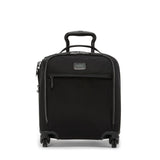 Black Tumi Voyageur lightweight compact carry-on luggage with gold accents, durable design, and smooth rolling wheels.