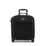 Black Tumi Voyageur Leger Compact Carry-On luggage with gold accents, lightweight and durable for travel.