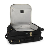 Black Tumi Voyageur Leger International Exp. Carry-On luggage with gold accents, lightweight design, and durable wheels.