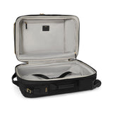 Black Tumi Voyageur Leger international carry-on luggage with gold accents, lightweight and durable for travel.
