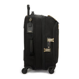 Black Tumi Voyageur Leger International Exp. Carry-On Luggage with gold accents, lightweight and durable for travel.