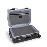 Black Tumi 19 Degree Frame international 4-wheeled carry-on luggage with textured finish and sturdy handle.