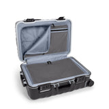 Black Tumi 19 Degree Frame international 4-wheeled carry-on luggage with textured finish, durable design for travel convenience.