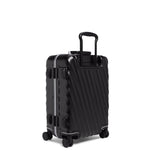 Black Tumi 19 Degree Frame international 4-wheeled carry-on luggage with textured surface and sturdy handle.