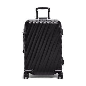 Black Tumi 19 Degree Frame carry-on luggage with textured surface and four wheels, designed for international travel.