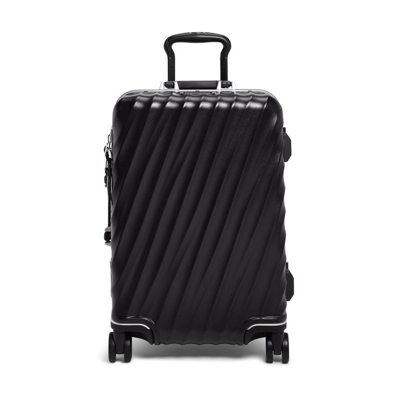 Black Tumi 19 Degree Frame carry-on luggage with textured surface and four wheels, designed for international travel.