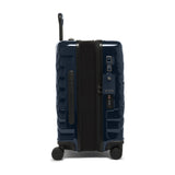 Navy Tumi 19 Degree polycarbonate carry-on luggage with telescoping handle and four spinner wheels for easy international travel.