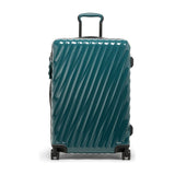 Navy Tumi 19 Degree polycarbonate checked luggage with four wheels, compact design, and Tumi branding for short trips.