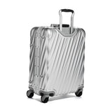 Tumi 19 Degree aluminum international carry-on luggage with four spinner wheels and reinforced corners for durability.