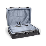 Black Tumi 19 Degree Frame checked luggage with textured surface, designed for extended trips, durable and spacious for travel.