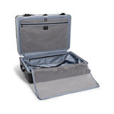 Black Tumi 19 Degree Frame checked luggage with textured surface, designed for extended trips, durable and spacious for travel.