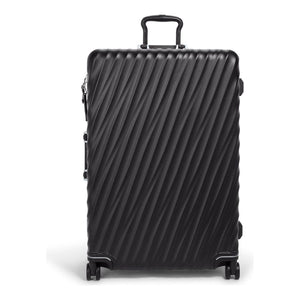 Black Tumi 19 Degree Frame checked luggage with textured surface, designed for extended trips, sturdy and spacious for travel.