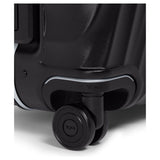 Black Tumi 19 Degree Frame checked luggage with textured surface, suitable for short trips, durable and stylish travel gear.