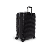 Black Tumi 19 Degree Frame checked luggage with textured surface, designed for short trips, durable and stylish travel case.