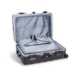 Black Tumi 19 Degree Frame checked luggage with textured surface, ideal for short trips, showing the durable design and handles.
