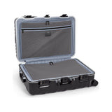 Black Tumi 19 Degree Frame checked luggage with textured surface, designed for short trips and easy travel.