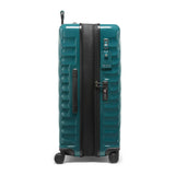 Navy Tumi 19 Degree polycarbonate checked luggage with extended handle and four spinner wheels for easy travel.