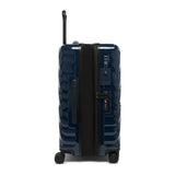 Navy Tumi 19 Degree polycarbonate checked luggage with four wheels, designed for short trips, featuring a sleek, durable exterior.