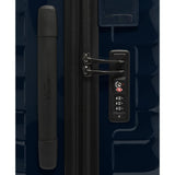 Navy Tumi 19 Degree polycarbonate checked luggage with four wheels and extendable handle, ideal for short trips.