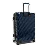 Navy Tumi 19 Degree polycarbonate checked luggage for short trips, with four spinner wheels and a telescoping handle.