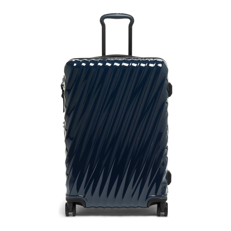 Navy Tumi 19 Degree polycarbonate checked luggage for short trips, durable and lightweight with a sleek design.