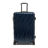 Navy Tumi 19 Degree polycarbonate checked luggage for short trips, durable and lightweight with a sleek design.