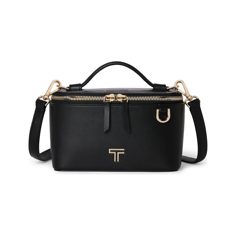 Black Tumi Voyageur Lex small train case crossbody bag with gold hardware, compact and stylish for travel and everyday use.