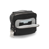 Black Tumi Voyageur Teghan Crossbody Bag with gold accents, showcasing sleek design and adjustable strap.