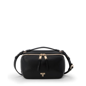 Black Tumi Voyageur Berlin crossbody bag with light gold accents, featuring adjustable strap and compact, stylish design.