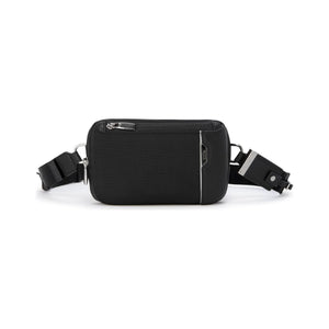 Tumi Arrivé Messina Utility Pouch sling bag in black leather with adjustable strap and zippered compartments.