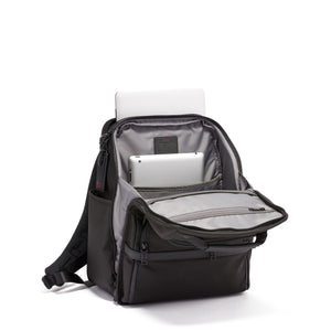 Tumi Alpha Laptop Compact Brief Pack backpack with multiple compartments and padded laptop sleeve, black nylon material.