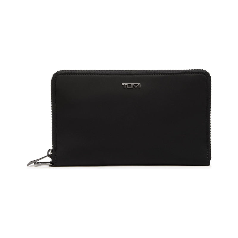 Tumi Voyageur Vevay Jewelry Portfolio jewelry case with multiple compartments and a sleek, tan leather exterior.