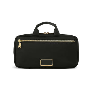 Black Tumi Voyageur Small Madeline cosmetic case, compact toiletry bag with gold accents, ideal for travel and organization.