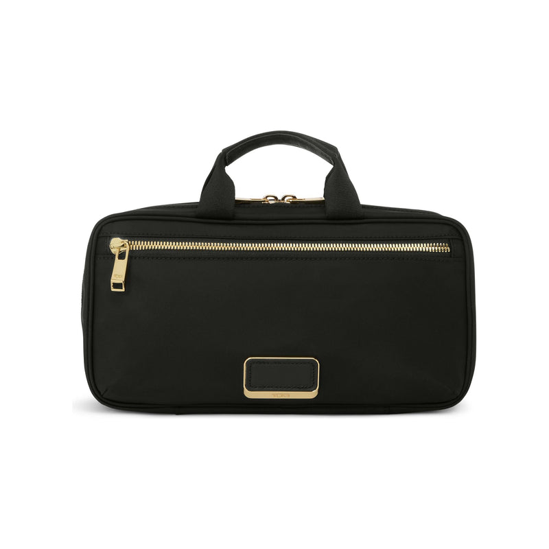 Black Tumi Voyageur Small Madeline cosmetic case, compact toiletry bag with gold accents, ideal for travel and organization.