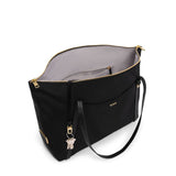 Black Tumi Voyageur Q Tote bag with gold accents, featuring spacious interior and stylish design for versatile carry.