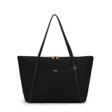 Black Tumi Voyageur Q Tote bag with gold accents, showing its spacious design and sturdy handles for everyday use.