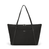 Black Tumi Voyageur Q Tote bag with gold accents, featuring sturdy handles and spacious interior for everyday use.