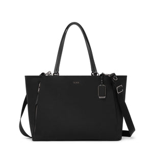 Tumi Voyageur Valetta large tote bag in black with top handles and spacious interior, designed for stylish everyday use.