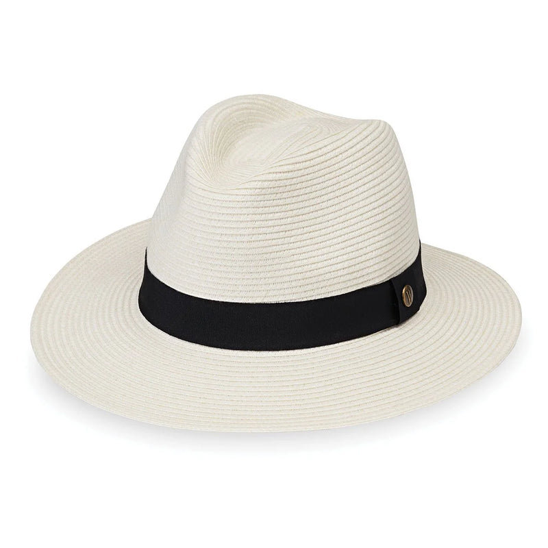 Beige Palm Beach UPF 50+ Fedora packable hat by Wallaroo Hat Company, lightweight accessory with wide brim for sun protection.
