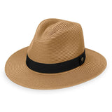 Beige Palm Beach UPF 50+ fedora packable hat by Wallaroo Hat Company, stylish sun protection accessory with a wide brim.