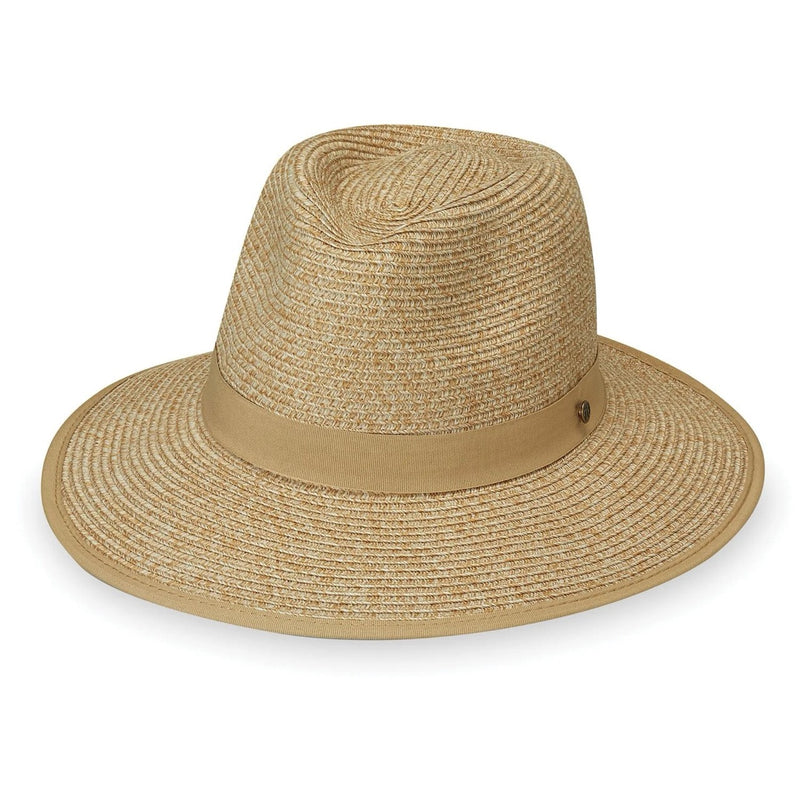 Beige Wallaroo Gabi UPF 50+ packable hat with wide brim and adjustable chin strap, designed for sun protection and travel.