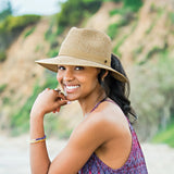 Beige Gabi UPF 50+ packable hat by Wallaroo Hat Company with wide brim and adjustable strap, sun protection and stylish design