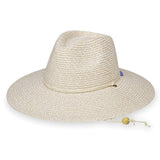 Camel Wallaroo Hat Company Sanibel UPF 50+ packable hat with wide brim and adjustable chin strap for sun protection.