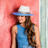 Ivory and ice blue Kristy UPF+ Fedora hat by Wallaroo Hat Company, lightweight sun hat with wide brim for sun protection.