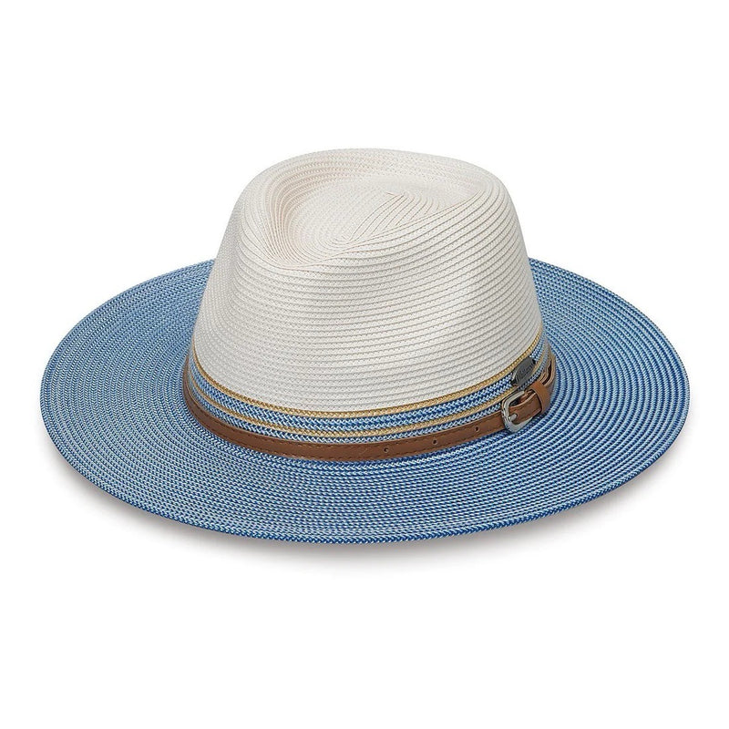 Ivory and ice blue Kristy UPF+ fedora hat by Wallaroo Hat Company with wide brim and stylish design.