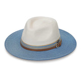 Ivory and ice blue Kristy UPF+ fedora hat by Wallaroo Hat Company with wide brim and stylish design.