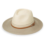 Ivory and ice blue Kristy UPF+ fedora hat by Wallaroo Hat Company, lightweight with a wide brim and stylish design.