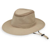 Khaki Wallaroo Hat Company Summit UPF 50+ bucket hat with wide brim and adjustable strap, shown on a neutral background.