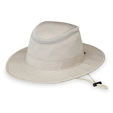 Khaki Wallaroo Hat Company Summit UPF 50+ bucket hat with wide brim and adjustable strap, shown on a plain background.