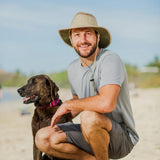 Khaki Wallaroo Hat Company Summit UPF 50+ bucket hat with wide brim and adjustable M-L size, sun protection for outdoor wear.